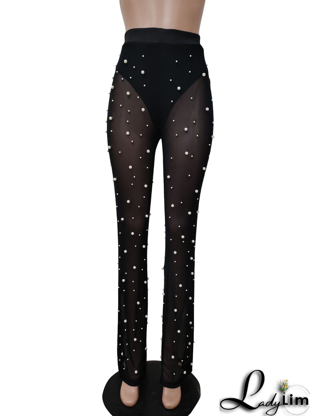 Autumn and winter women's elastic mesh bead trousers with bottoms