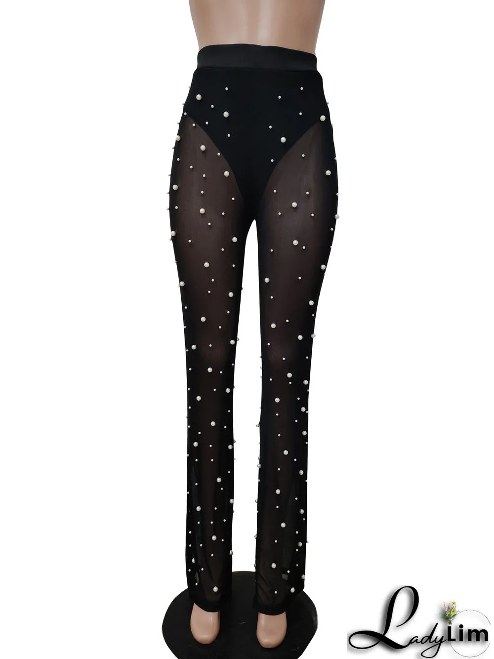 Autumn and winter women's elastic mesh bead trousers with bottoms