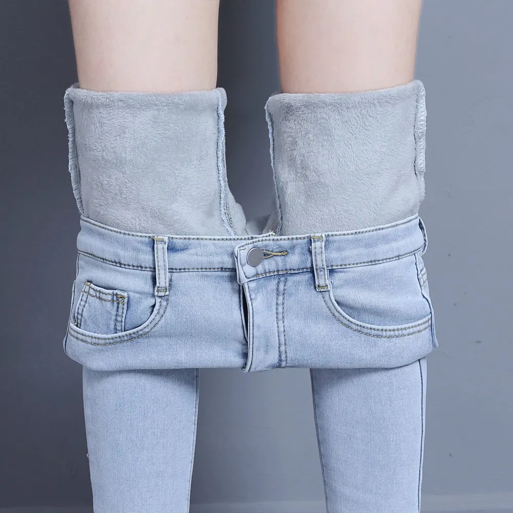 Winter Jeans For Women Skinny High Waist Elastic Casual Streetwear Denim Trousers Fleece Slim Warm Jean Pencil Pants With Velvet