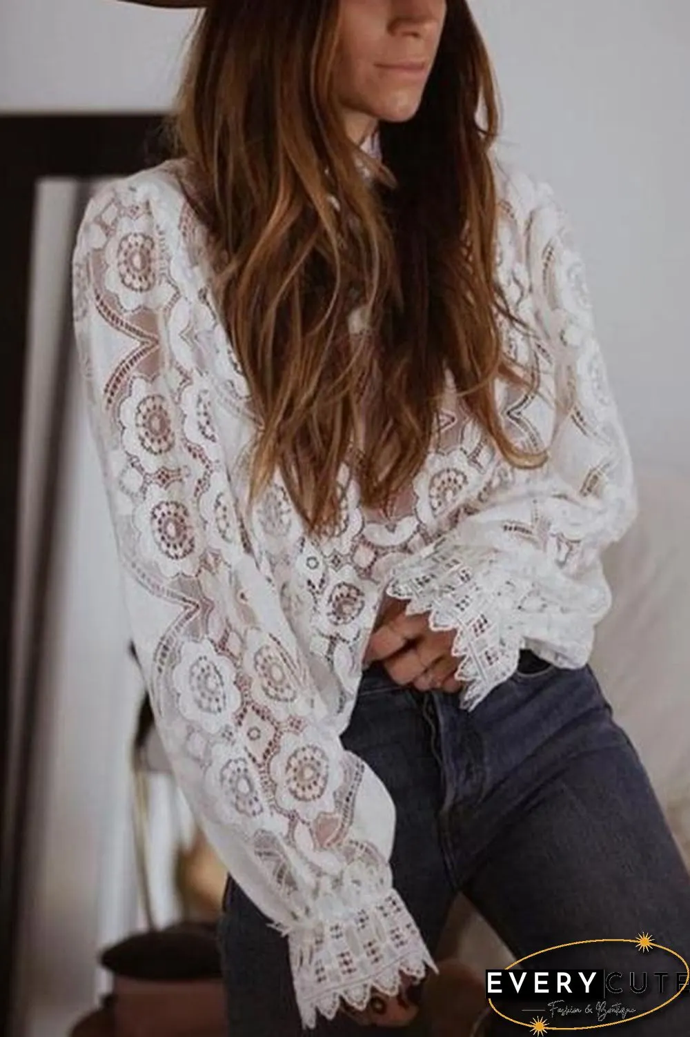 Lace Hollow Puff Sleeve T Shirt