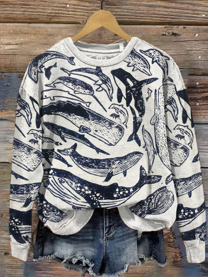 Women's Species Of Whales Japanese Lino Art Vintage Printed Sweatshirt