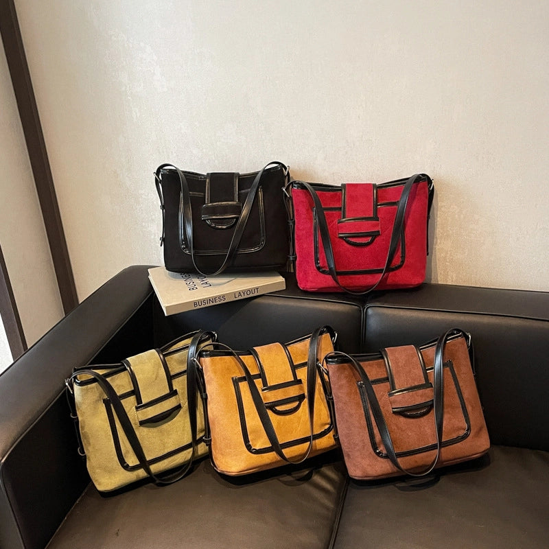 Women's Medium Pu Leather Color Block Classic Style Bucket Zipper Tote Bag