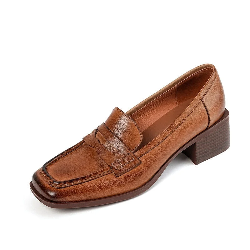 Retro Square Toe Block Heel Leather Penny Loafers for Women