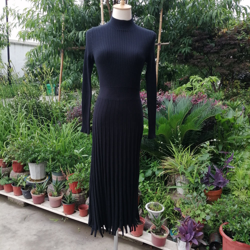 Ootddress Ribbed Pleated Knit Dress Women Loose Fashion Patchwork Long Sleeve Dress High Waist Knitwear Female Autumn Maxi Dress New