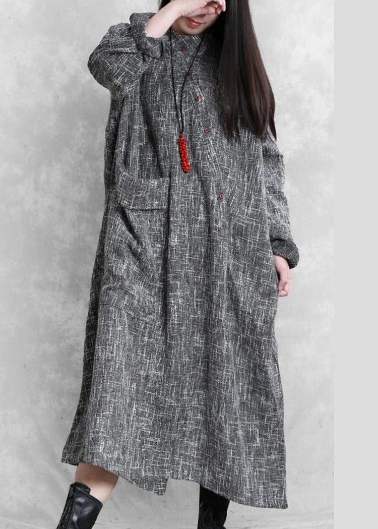 DIY stand collar asymmetric linen dresses pattern gray Plaid Dress