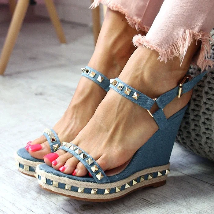 Denim Wedge Sandals with Open Toe and Platform Studs Vdcoo
