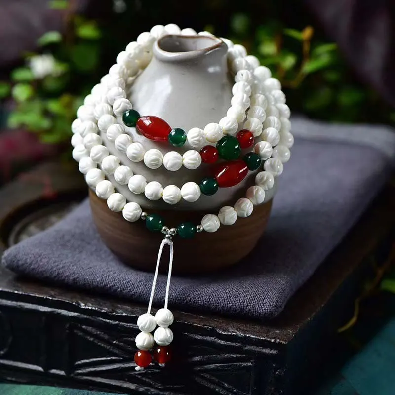 Tibetan Tridacna Stone Lotus Bead Blessing Mala Bracelet