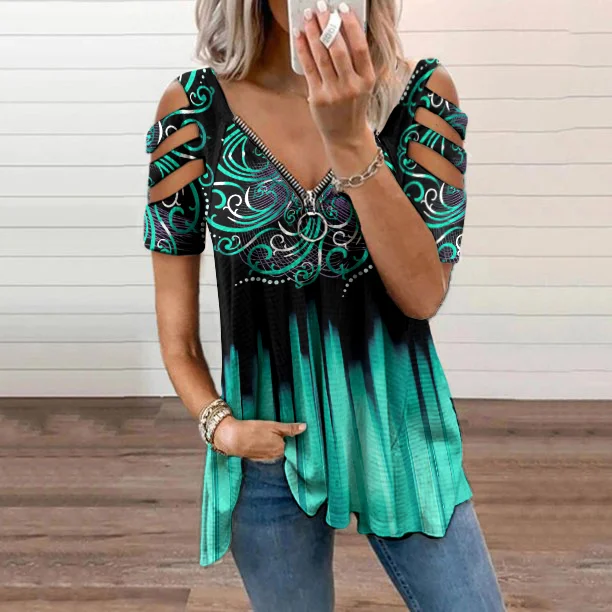 Printed V-Neck Off-The-Shoulder T-Shirt