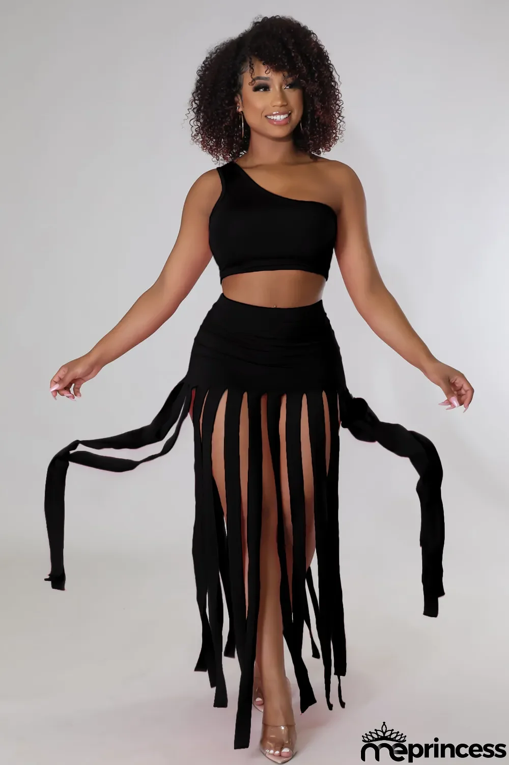 Summer Women sexy SlashShoulder sleeveless Crop top + fringed dress two-piece