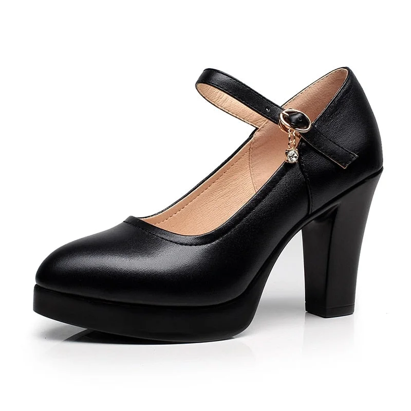 High Heels Platform Pumps Mujer 2021 Spring New Fashion Buckle Solid Black Shoes Woman PU Leather Waterproof Shoes Femme