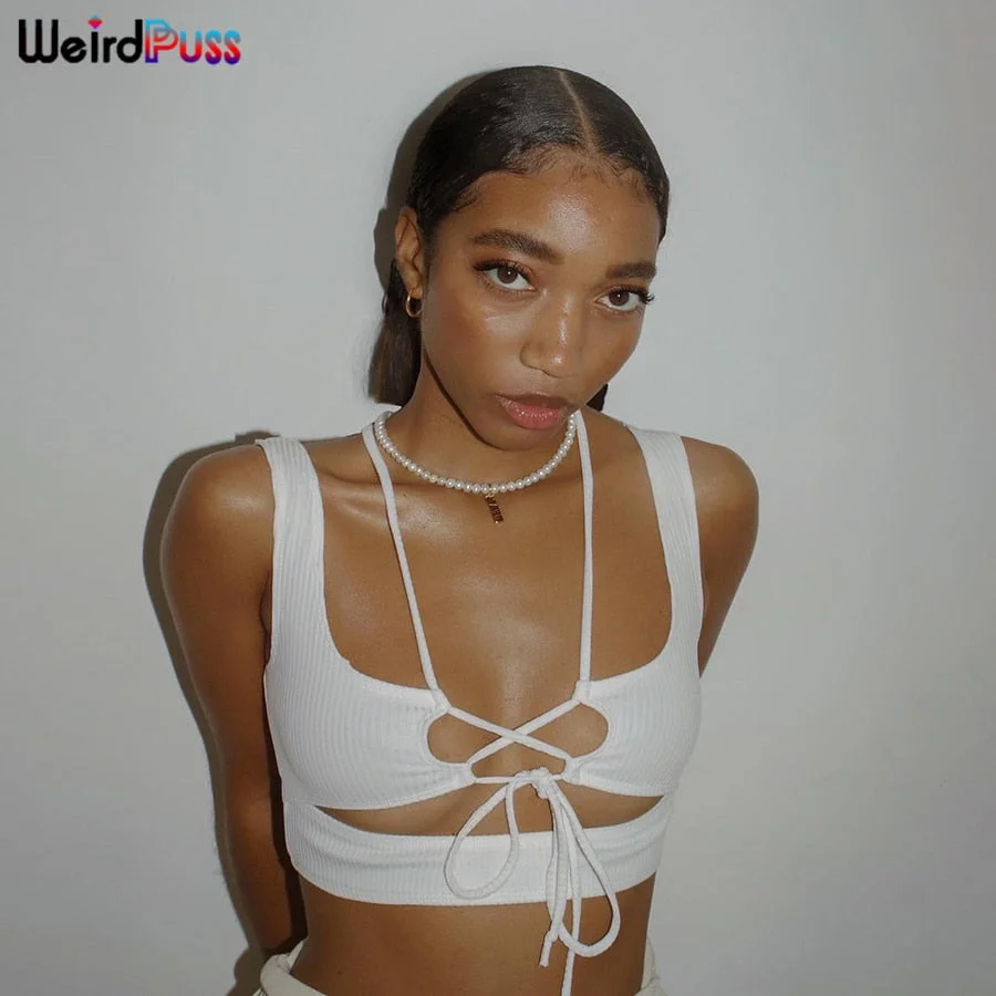 Weird Puss Sexy Hollow Cyber Y2K Tank Tops Women Solid Bandage Vest Sling Ribbed Summer Party Clubwear Stretchy Skinny Outfits