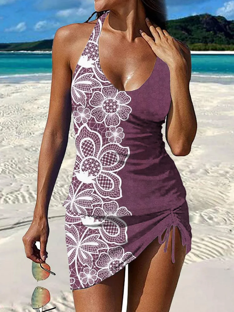 Unique Half Floral Print Purple Drawstring Two-Piece Swimsuit