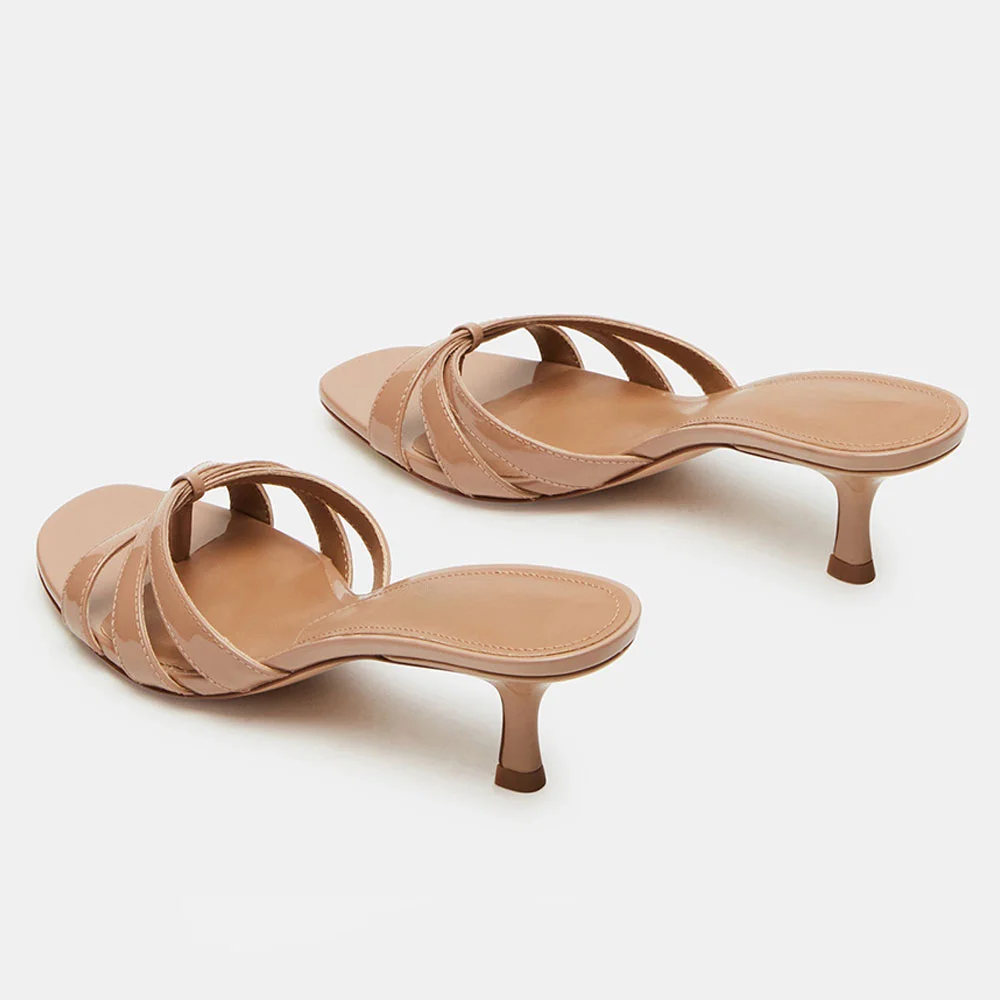 Nude Patent Leather Open Toe Flip Flop Spool Heel Mules Sandals