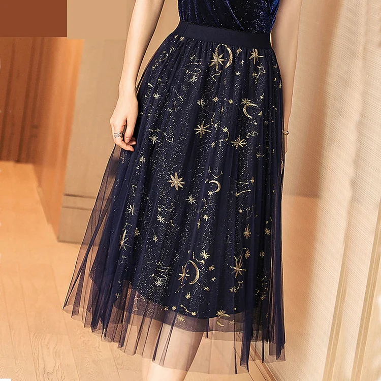 Moon Star Embroidered Transparent Tulle Skirt
