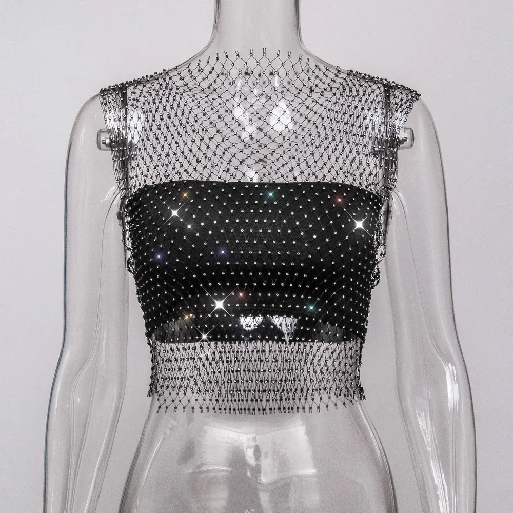 Uveng Uveng Nightclub Dresses Fishnet Hollow Out Rhinestone Vest Mesh Flash Diamond Sling Top Female