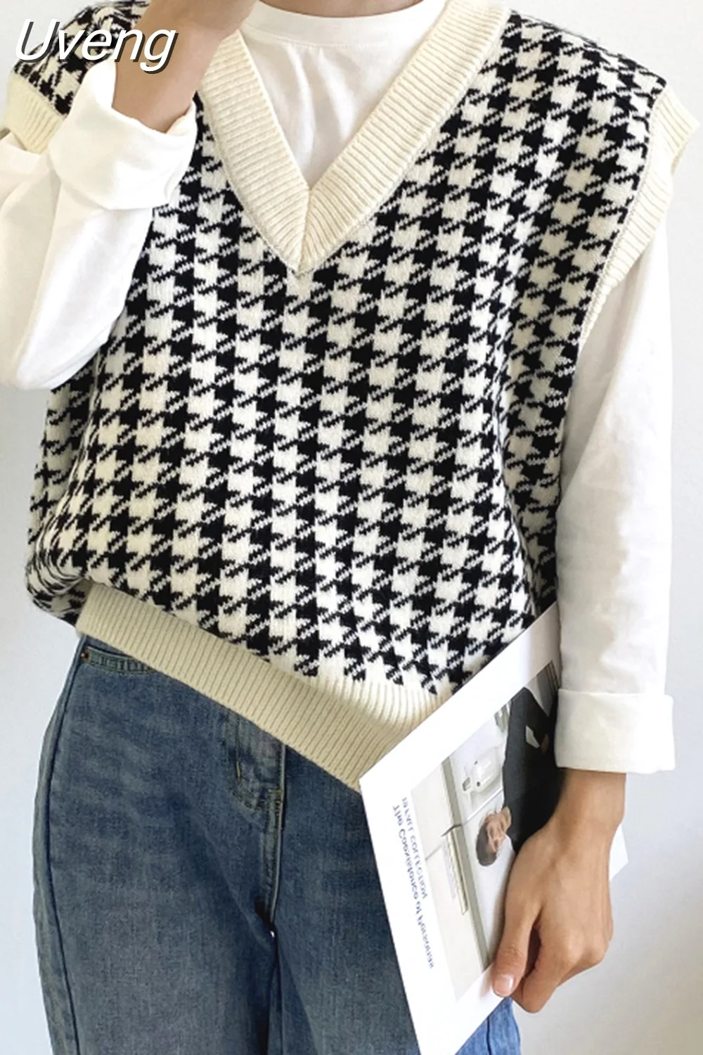 Uveng Women Plaid Sweater Vest Casual V Neck New Houndstooth Loose Thick Female Knitted Sweater Korean Elegant Tops
