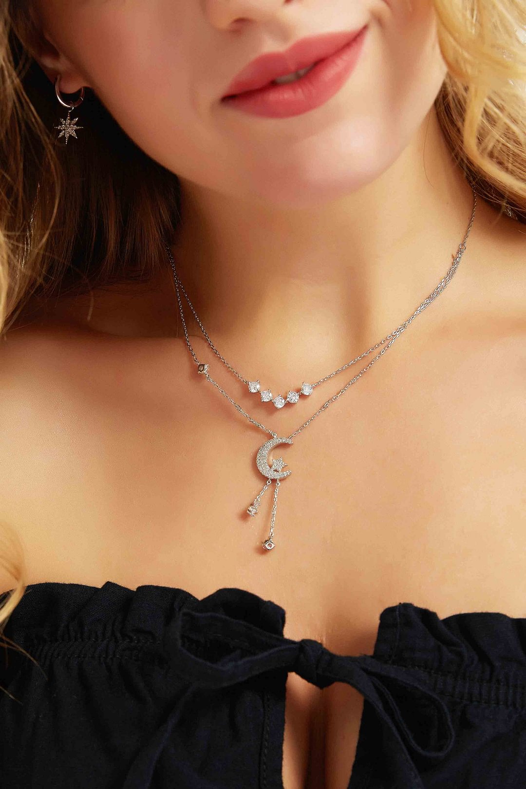 Moonbeam & Star Drop Silver Layered Necklace