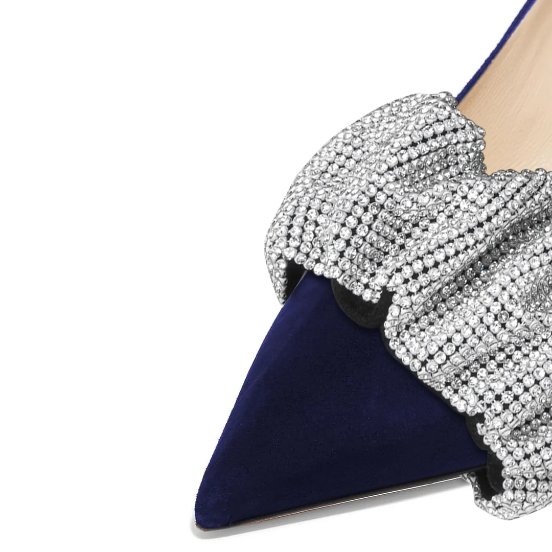 Navy Blue Pointed Toe Rhinestone Embellished Pumps with Kitten Heel