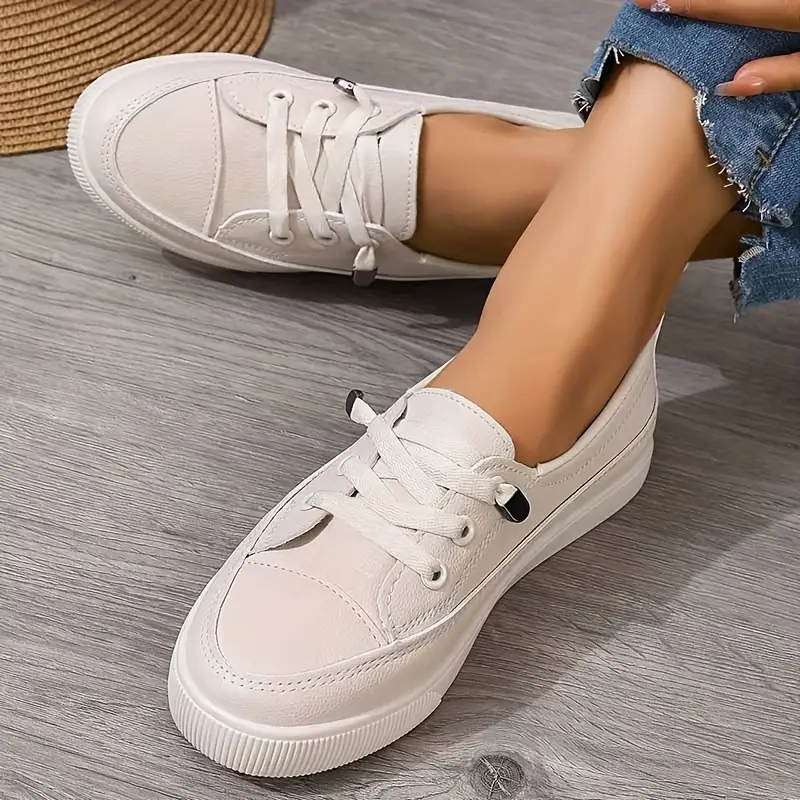 womens white lace up flat shoes breathable soft insole synthetic cover upper rubber sole     for casual formal     footwear classic   fabric lined interior details 4