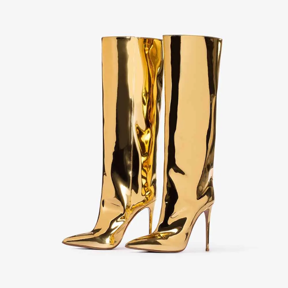 Gold Metallic Pointed Toe Stiletto Heel Knee-High Boots