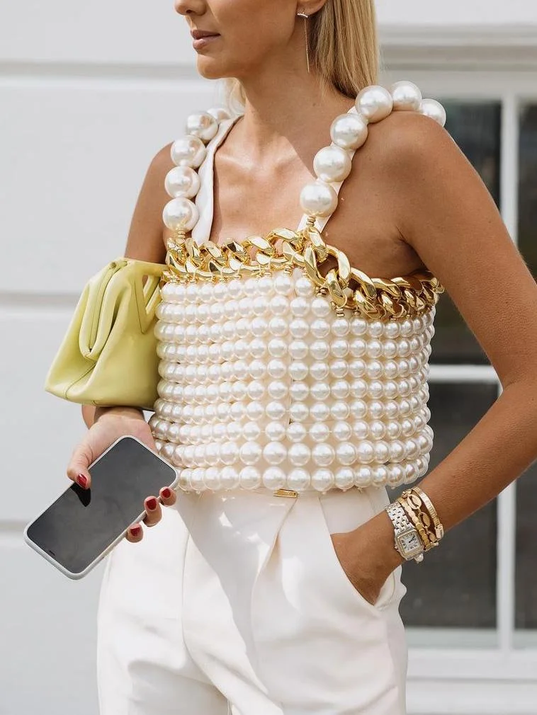 Large Pearl Beading Metal Chain Camisole Corset Top