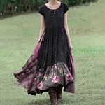 Women's Vintage Pink Rose And Plaid Patchwork Short-sleeved Dress - Image 2