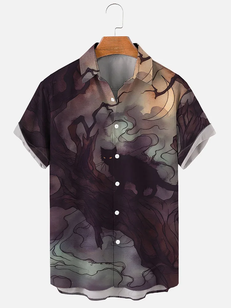 Men's Halloween Scary Black Cat Art Print Shirt