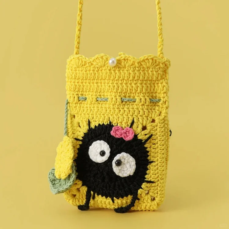 Lulusnow Handmade Yellow Googly Eye  Crochet Crossbody Bag Phone Bag
