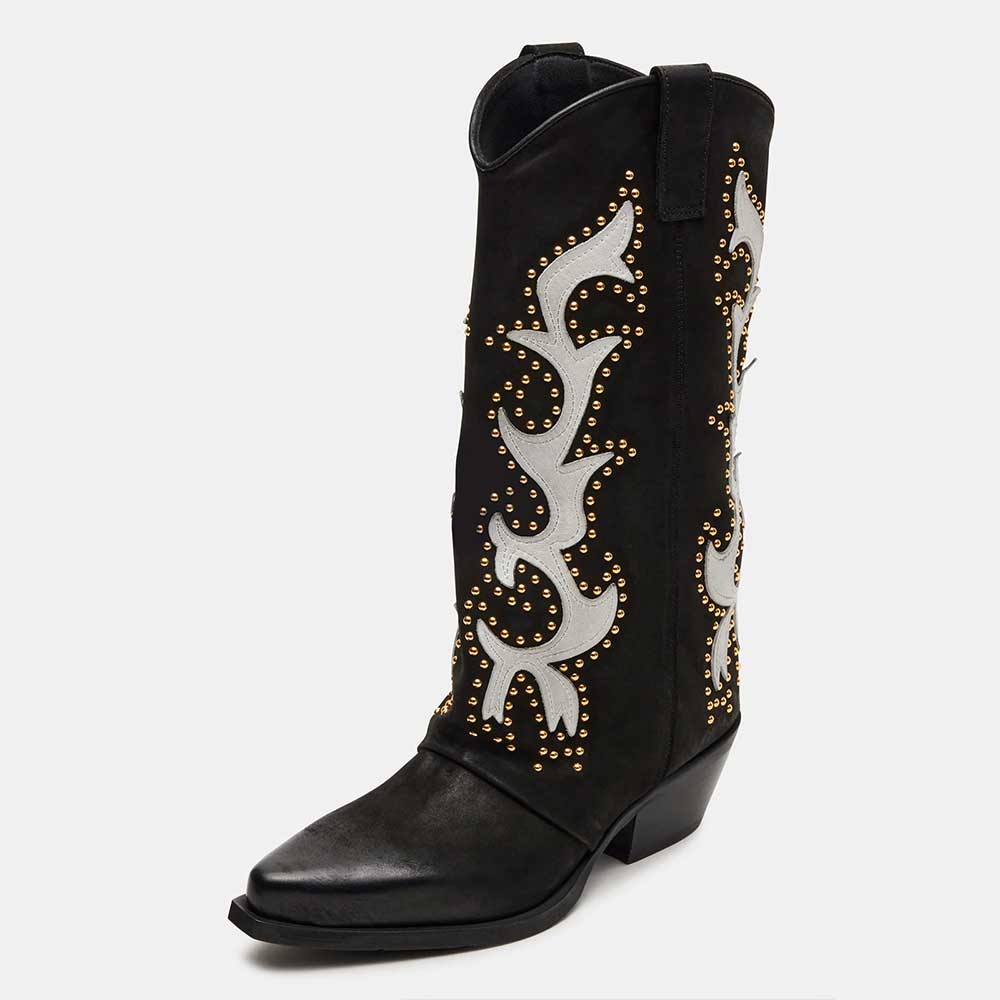 Black & White Patchwork Fold-Over Studded Mid Calf Cowgirl Boots