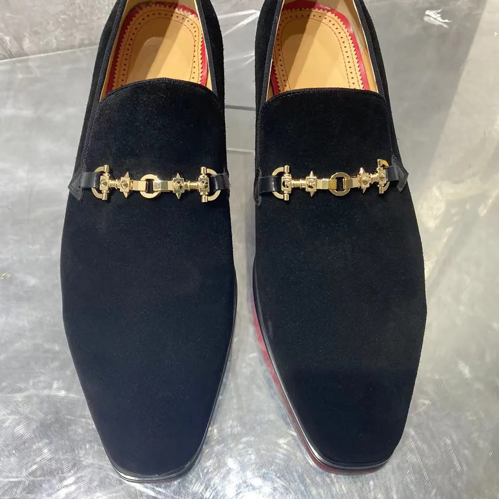 Gentleman's  Black Suede Leather Spike Strap Square Toe Slip-On Dress Prom Wedding Red Bottom Shoes-vocosishoes