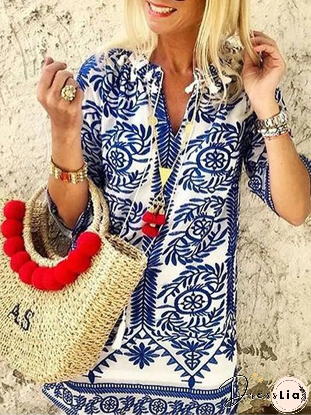 Fashion Five-Sleeve Printed Deep V-Neck Dress P11560