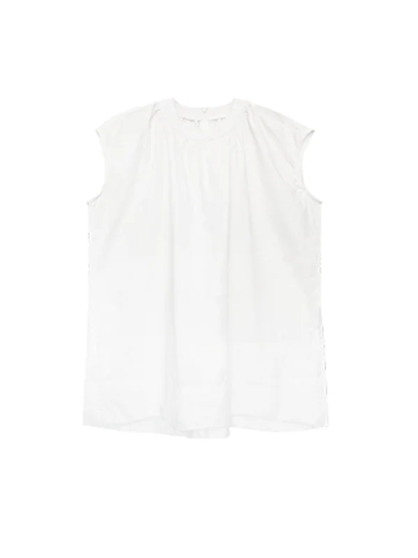 Zipper Split-Side Solid Color Pleated Sleeveless Loose Round-Neck Blouses&Shirts Tops