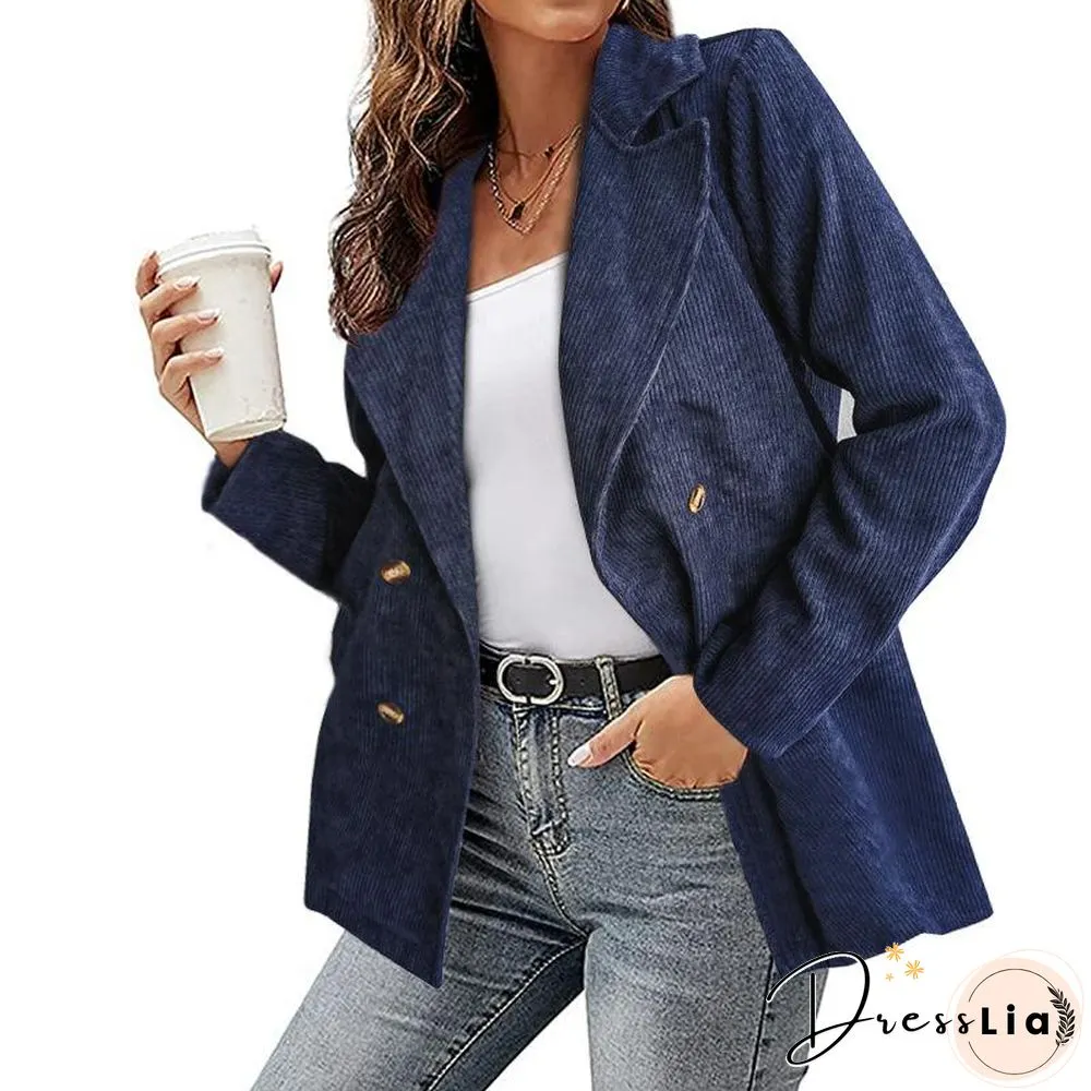 Women Notched Lapel Corduroy Coat