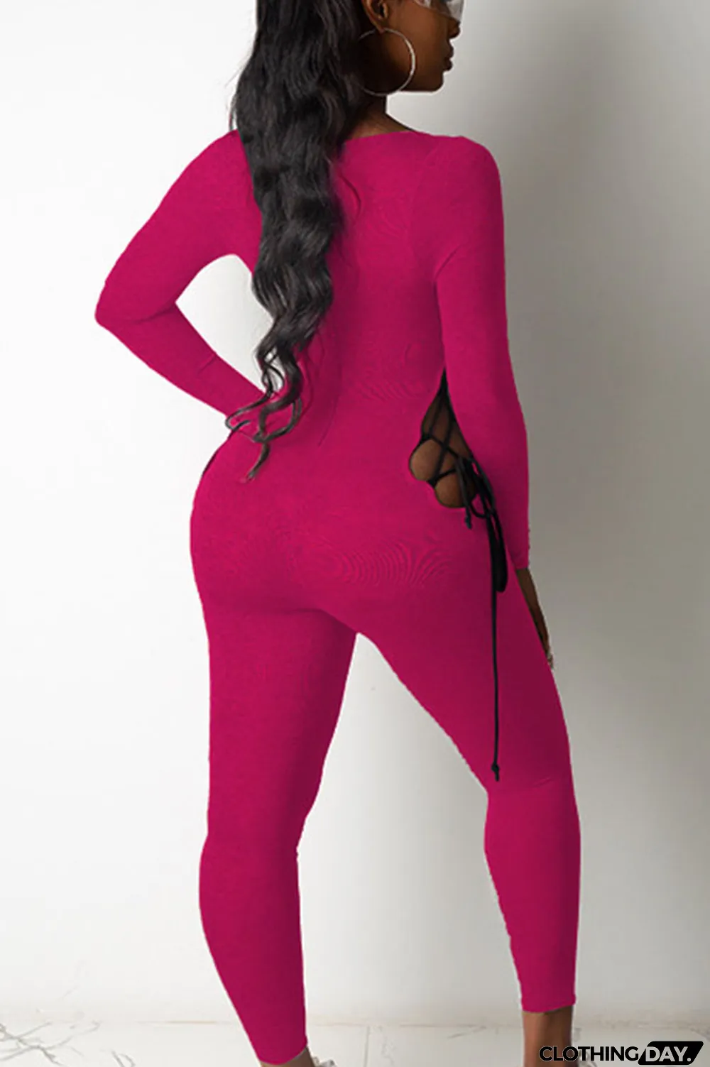 Grey Sexy Polyester Milk Fiber Solid Hollowed Out Frenulum U Neck Skinny Jumpsuits