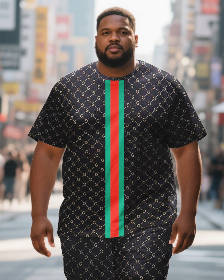 Big & Tall Men's Striped Letter Stitching T-Shirt Trousers Suit