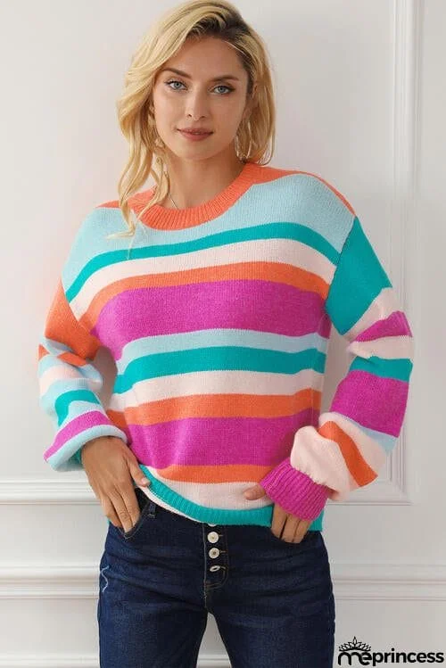 Striped Round Neck Long Sleeve Knit Top