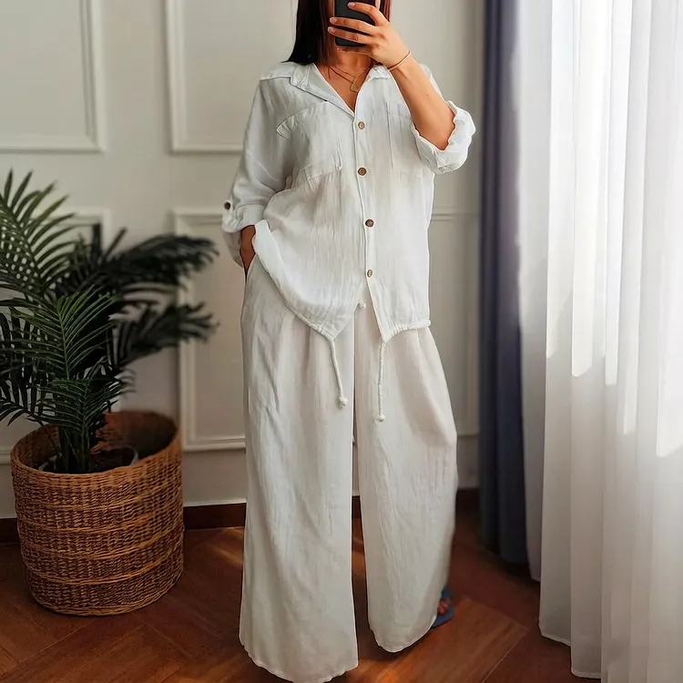 Casual Loose Linen Solid Color Shirt Wide-leg Pants Two-piece Set