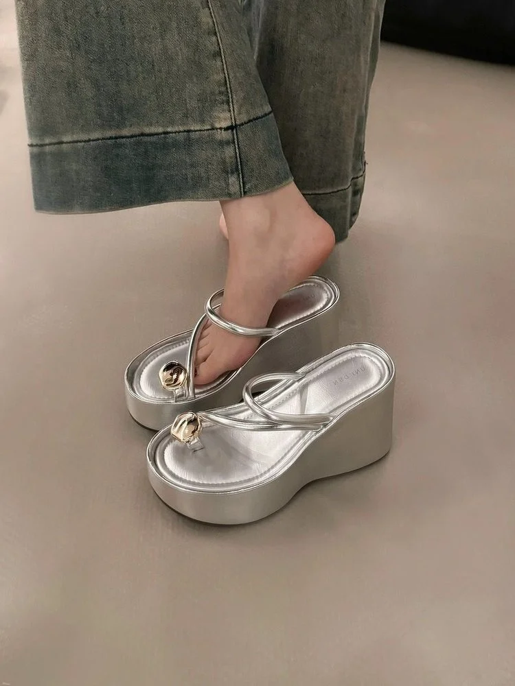 Wongn Wongn Toe Silver Small Slippers Women's Shoes Wear 2024 New Summer Small Platform Fashion Sandals