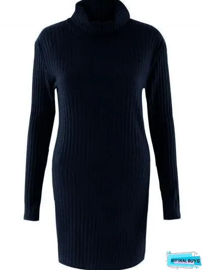Fashion Long Sleeve Casual High Neck Striped Knit Sweater Dress