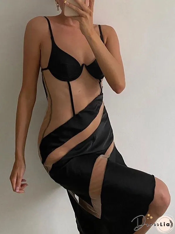 Dresses Sling V-Neck Sheer Slim Fit Mesh Dress for Women