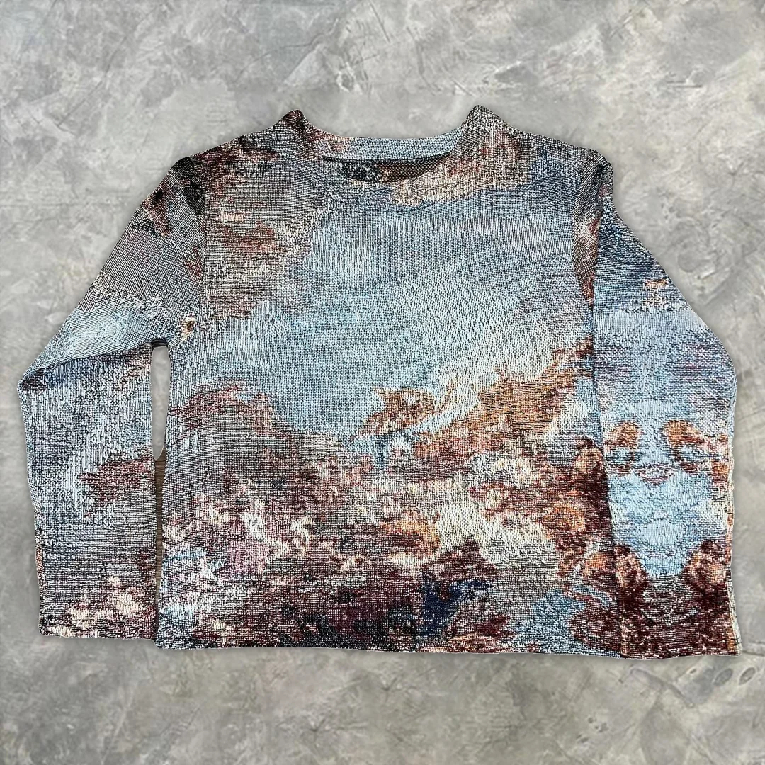 Retro Trendy Angel Print Tapestry Crew Neck Sweatshirt