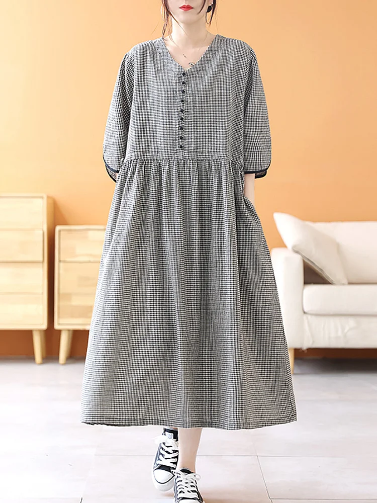 Women Summer Casual Plaid Button Pocket Pleat Loose Dress