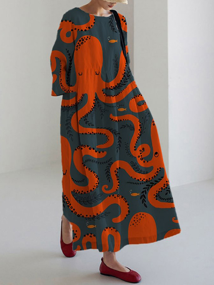 Comstylish Japanese Art Octopus Print Round Neck Long Sleeve Midi Dress
