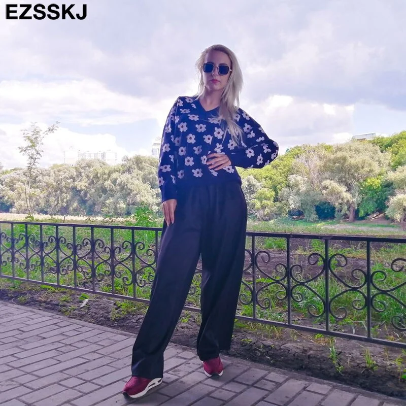 oversize blue floral Sweater Pullovers Women winter autumn thick v-neck chic 2021 sweater long sleeve sweater top