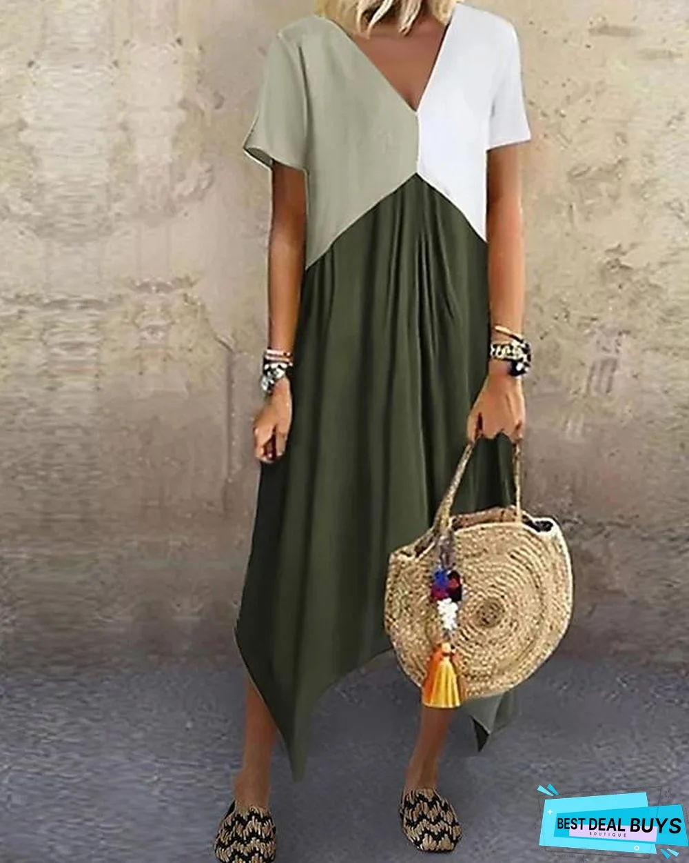 Women's A-Line Dress Midi Dress - Short Sleeve Color Block Color Block Spring & Summer V Neck Stylish Hot Red Green Gray Light Blue