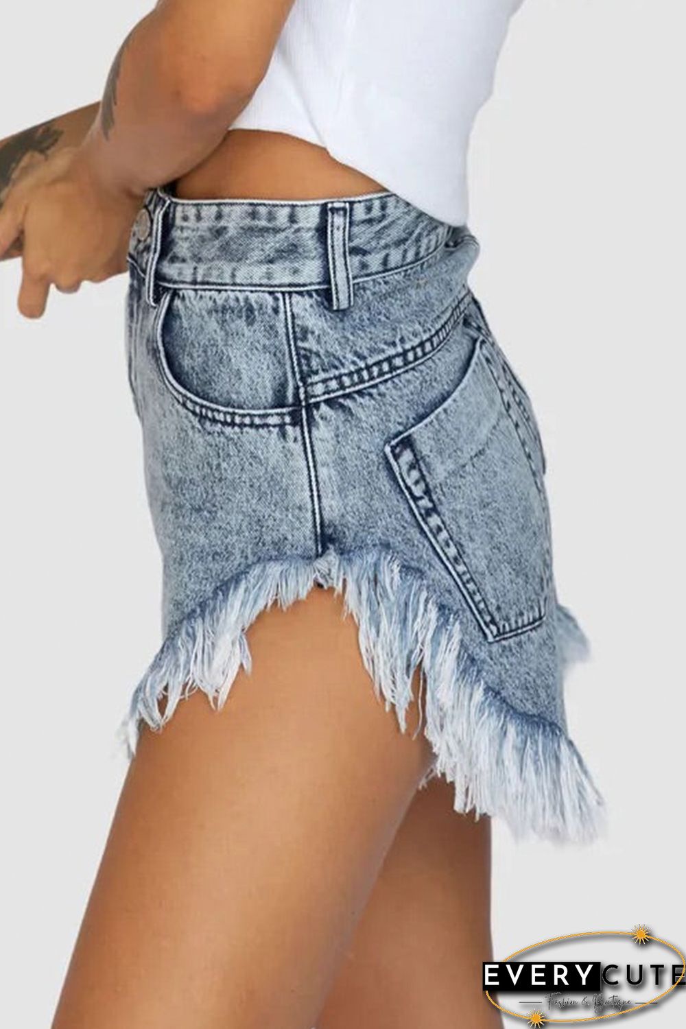 Sky Blue Dark Acid Wash Raw Hem Jean Shorts