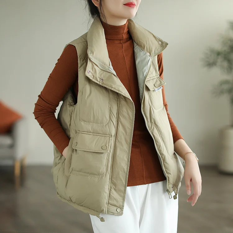 Literary Solid Color Stand Collar  Down Vest Coat