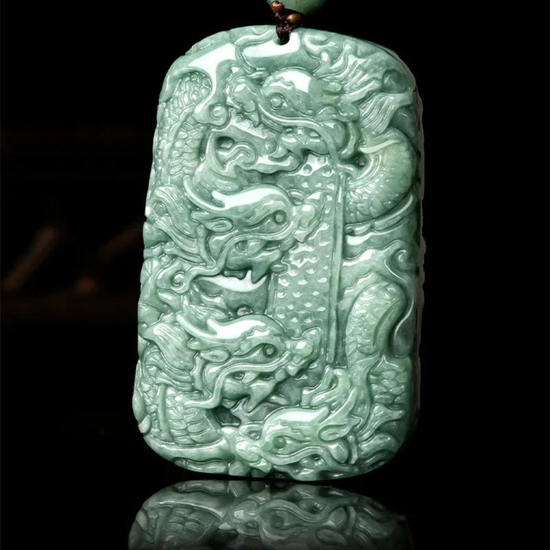 Natural Jade Nine Dragons Protection Strength Amulet Bead String Necklace Pendant