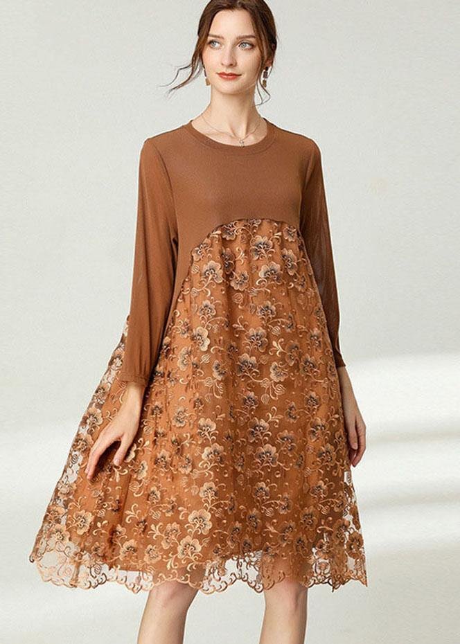 Fitted Khaki Tulle Jacquard Hollow Out Fall Long Sleeve Maxi Dress