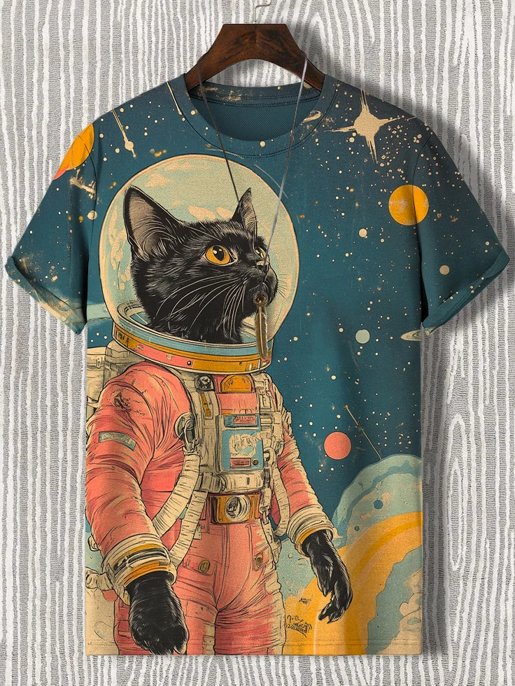 Men's Space Astronaut Cat Art Print Casual T-Shirt